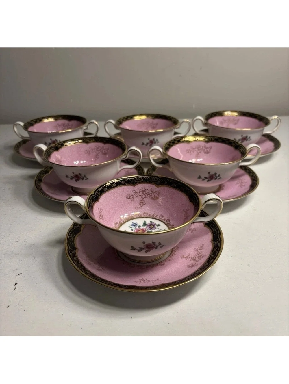 Copeland Spode Bone China Pink Gold Trim Cream Soup Bowl & Saucer set of 6